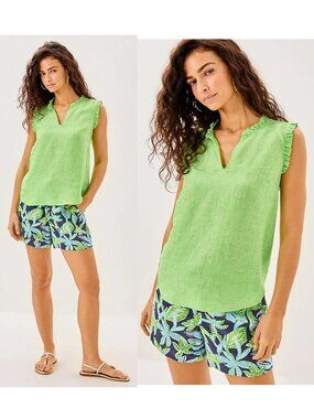 Lilly Pulitzer KAVALLA RUFFLE CROCODILE GREEN linen tank dress top tunic NWT M